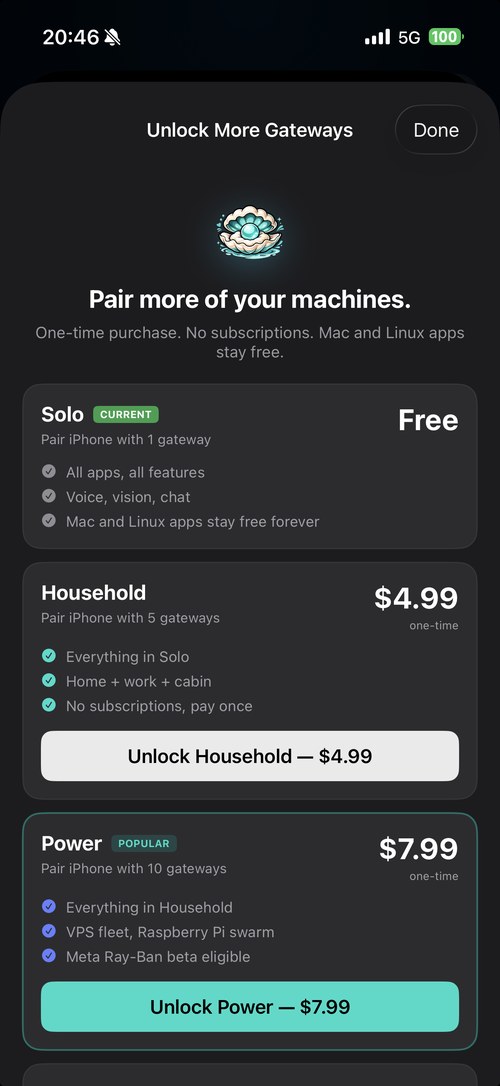 CARAPACE Unlock More Gateways screen showing the Solo, Household, Power, and Corporate tiers with per-tier feature bullets